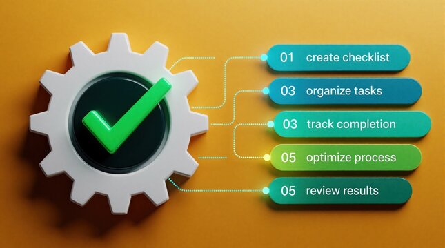 Project management workflow concept with white gear, green check mark. Five step process includes create checklist, organize tasks, track completion, optimize process, review results. Modern business