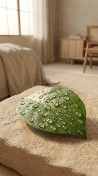 Water droplets rest on a green leaf placed on a soft bed in a sunlit bedroom, creating an urban oasis. A calming wellness scene for relaxation, recovery, interior comfort, and mindful living.  