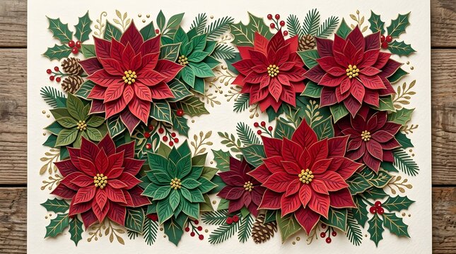 Festive Christmas poinsettia floral arrangement with rich red flowers, green foliage, berries, and rustic wooden framing for holiday decor