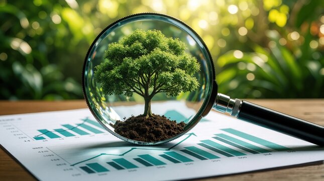 Magnifying glass shows green tree growing from soil on business report. Financial charts, graphs represent economic growth, nature sustainability. Concept of eco investment, green finance, organic