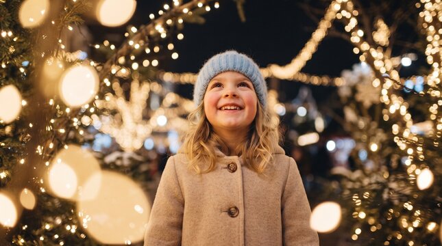 portrait of happy girl in winter evenings on background of Christmas lights