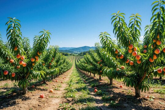 Rich peach orchard rows with ripe fruit under clear blue sky. Scenic agricultural landscape with peach trees, rolling hills. Summer harvest season in rural farm. Fresh organic produce grows in sunny