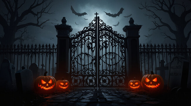 Gate with Halloween theme background. scary cemetery gate. Generative AI
