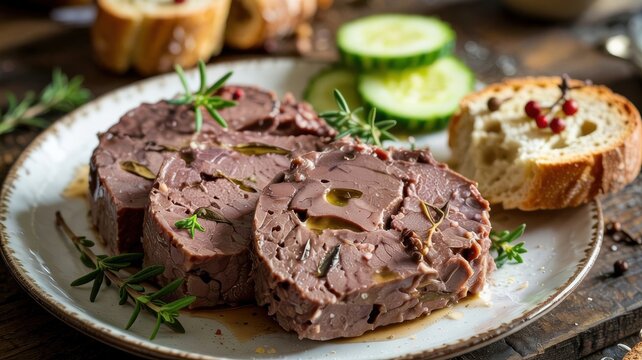 French cuisine. Meat terrine. An exquisite coarse-ground meat loaf with pieces of lard and spices, sliced and served with croutons.