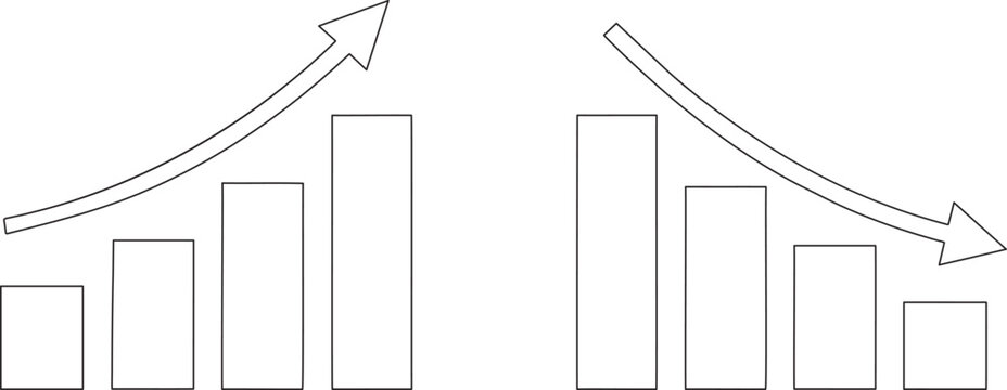 Black and white line art illustration of financial business bar charts showing increasing growth and decreasing decline with arrows