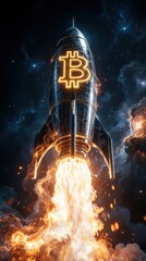Fototapeta premium Silver rocket with Bitcoin logo launches into dark space. Huge fire, smoke from engine propulsion. Crypto symbol on spacecraft represents digital currency growth, blockchain innovation, financial