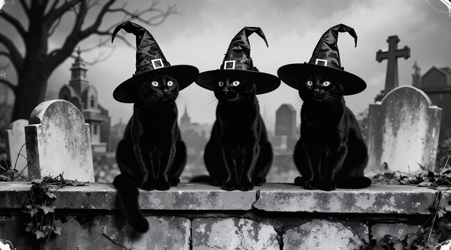 black and white vintage horror photo of three black cats wearing witch hats sitting on a graveyard wall, Halloween concept.
