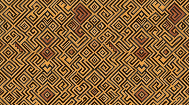 Intricate orange and black geometric labyrinth pattern with repeating interlocking diamonds, angular lines, and sophisticated ornamental symmetry