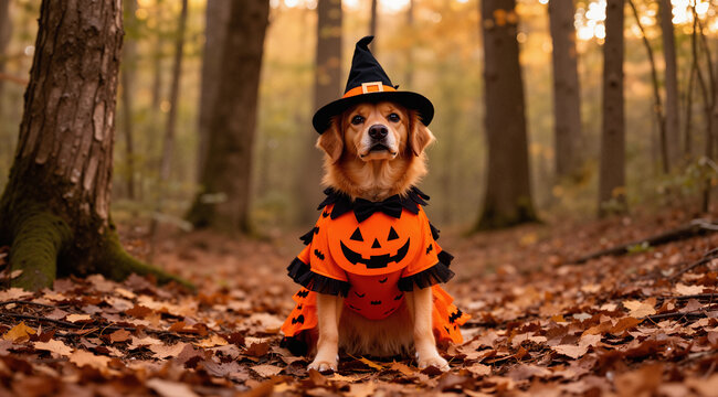 owner and dog posing for halloween in costumes
