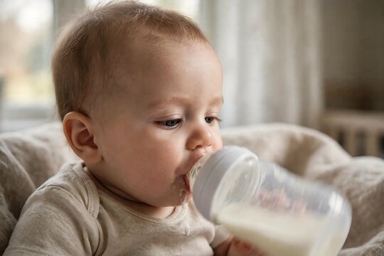 Cute Caucasian baby drinking milk from a bottle sitting indoors with drops of spilled milk on the chin and shirt during feeding time