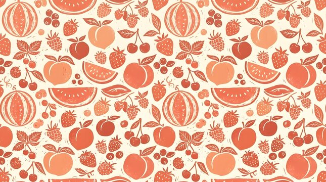 Peach and orange fruit botanical seamless pattern on white background, decorative citrus and floral wallpaper with hand drawn illustrations