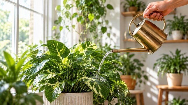 Mano regando plantas interiores con una regadera metálica 