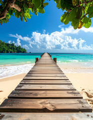Fototapeta premium A wooden pier stretches into a vibrant turquoise sea under a bright, sunny sky. This serene tropical beach scene, with no people, evokes a sense of tranquil escapism, freedom, and wanderlust.