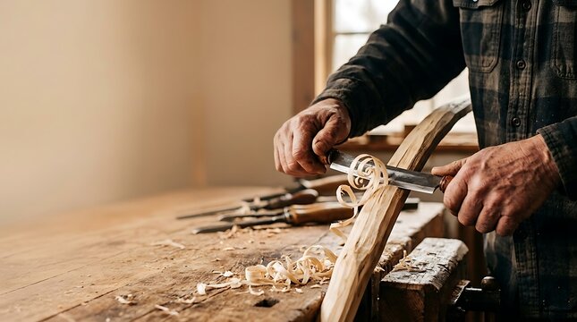 Craftsman shaping wood with a chisel on a workbench with tools