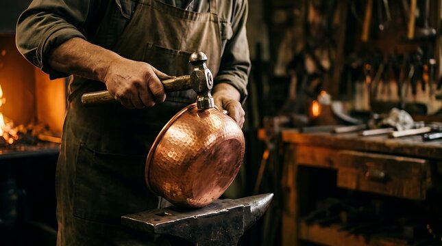 Blacksmith shaping copper bowl with hammer on anvil in workshop