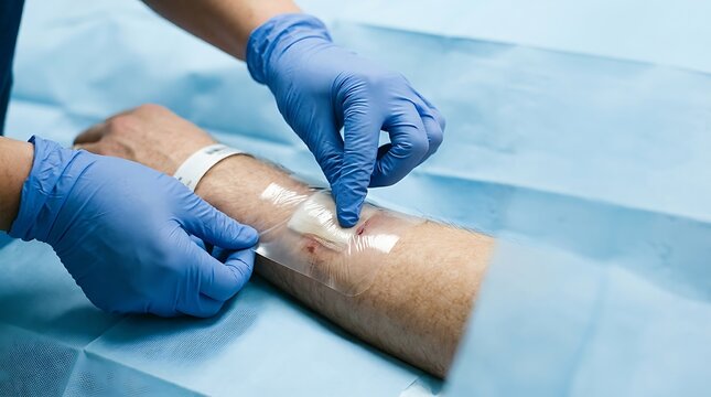 Nurse applying transparent dressing to patient arm with IV line insertion site