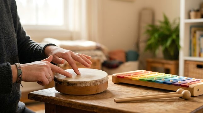 Person playing a hand drum and xylophone in a cozy room