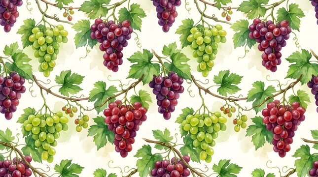 Colorful grape and vine seamless pattern on white background, fresh botanical fruit wallpaper with repeating purple grapes and green leaves