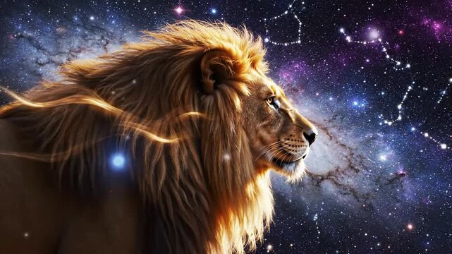 Lion in starry galaxy space background, glowing constellations and nebula, celestial zodiac leo animation