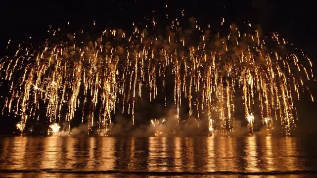Fireworks exploding over the sea with golden water reflections