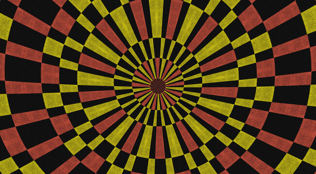 Dynamic circular optical pattern composed of alternating red, yellow, olive, and black radial segments converging toward a detailed central point.