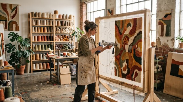 Woman tufting a colorful abstract rug on a wooden frame in her studio workshop. Engaged in analog hobby and handcrafted textile art for creative studio work, small business, and interior design.