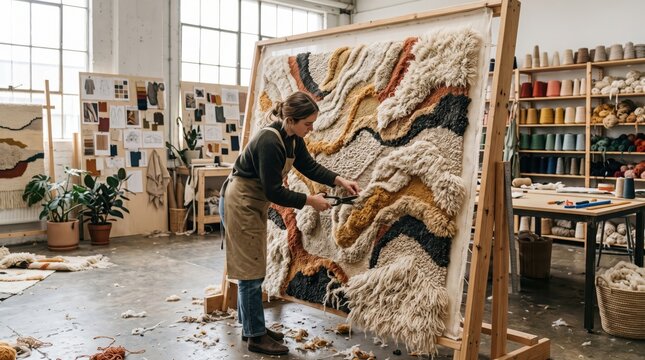 Woman crafting a large tufted rug on a wooden frame in a studio. Engaging in analog hobby and handmade artisan craft for creative textile production and interior decor.