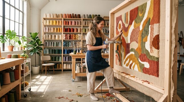 Woman making a tufted rug with a tufting gun in her studio. Engaging in an analog hobby and handcrafted textile art for creative workspace inspiration and artisan manufacturing.