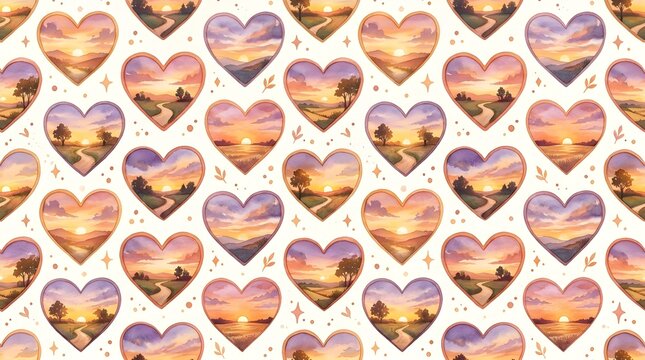 Warm pastel heart seamless pattern with golden sunset landscape scenes inside hearts, romantic decorative wallpaper for Valentine designs