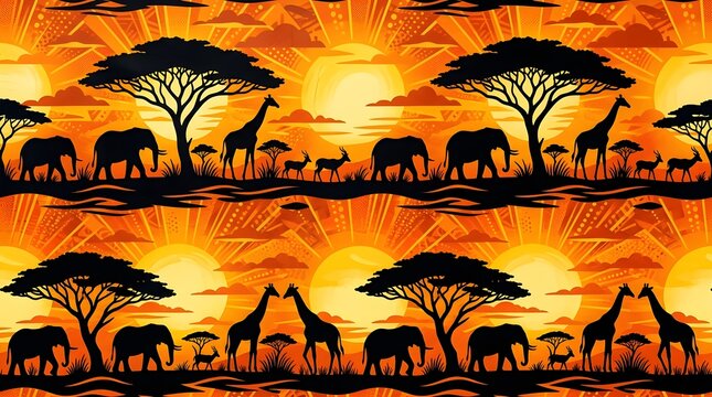 African savanna sunset seamless pattern with black wildlife silhouettes, acacia trees and warm orange landscape, dramatic nature wallpaper
