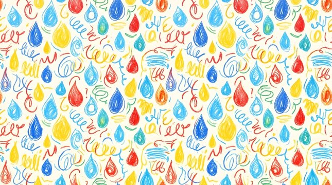 Colorful teardrop seamless pattern with blue yellow pink and orange water drops on white background, playful hand drawn wallpaper design