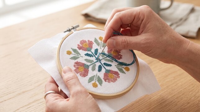 Hands cross-stitching a floral pattern in a wooden embroidery hoop. Mindful craft hobby and creative self-care activity promoting relaxation and slow living lifestyle.