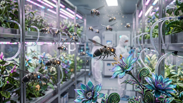 Robotic mechanical bees pollinating futuristic iridescent flowers in a high-tech indoor vertical farm