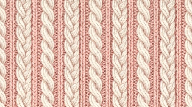 Soft blush pink and cream cable knit seamless pattern with delicate braided vertical strands, cozy romantic textile background for fashion
