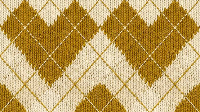 Mustard yellow and cream argyle diamond seamless textile pattern with subtle woven texture, classic cozy fabric background for fashion