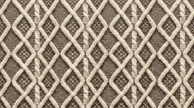 Cream and beige interlocking diamond seamless textile pattern with chunky woven texture, rustic geometric wallpaper for cozy fabric designs