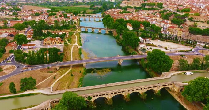 Aerial view of Beziers, charming historic city in southern France, known for the Cathedral of Saint Nazaire, the Canal du Midi, picturesque streets, traditional French architecture