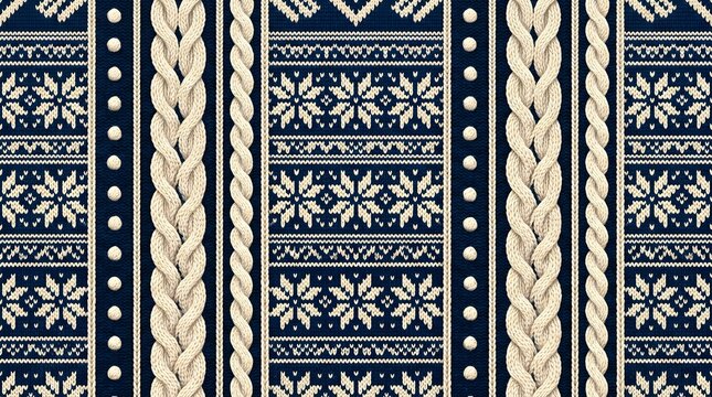 Navy blue and cream Nordic seamless pattern with snowflakes, reindeer and intricate geometric bands, elegant Scandinavian winter textile wallpaper