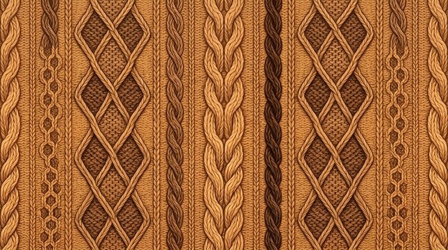 Warm brown cable knit seamless textile pattern with braided diamonds and vertical woven strands, rustic cozy background for winter fashion