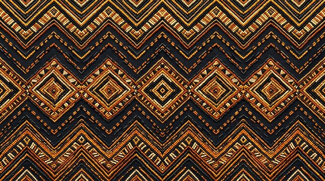 Black and golden geometric zigzag seamless pattern with layered diamonds and chevrons, bold tribal textile wallpaper with ornamental details
