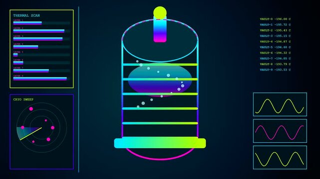 A digital virtual lab interface showing cycle monitoring and thermal data analysis as the system scans cryogenic storage chambers through fluid graphical motion and movement