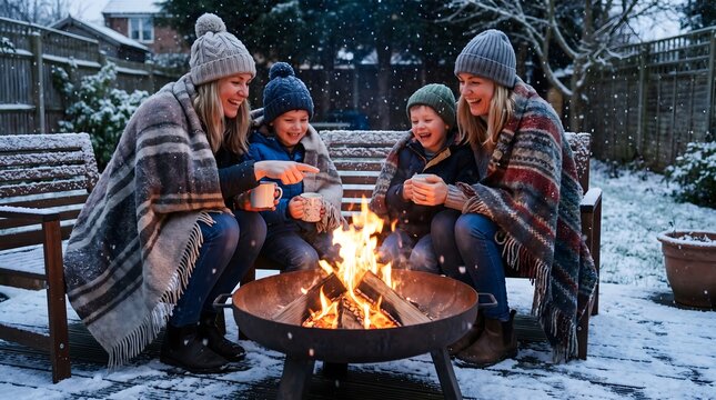 Happy family and friends wrapped in cozy blankets, drinking hot cocoa and laughing around a warm fire pit in a snowy winter backyard.