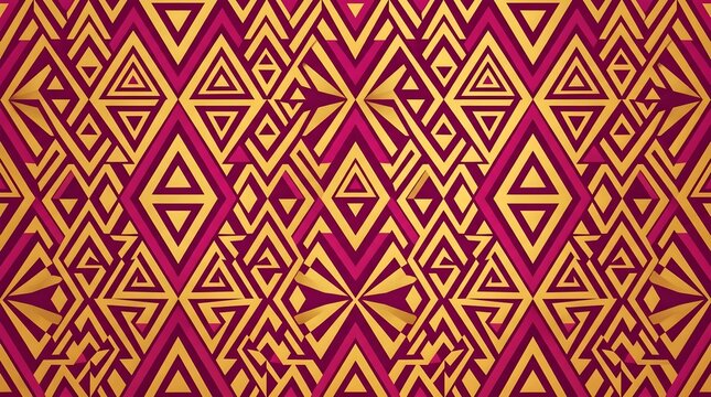 Magenta and golden geometric seamless pattern with repeating diamonds and triangular motifs, bold ornamental tribal textile wallpaper
