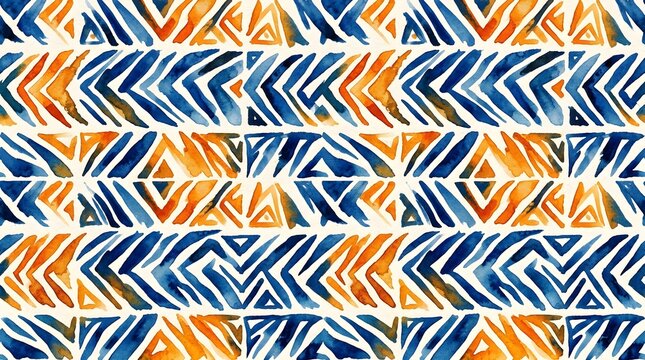 White seamless pattern with blue and orange layered chevron arrows, energetic geometric textile wallpaper with colorful rhythmic woven motifs