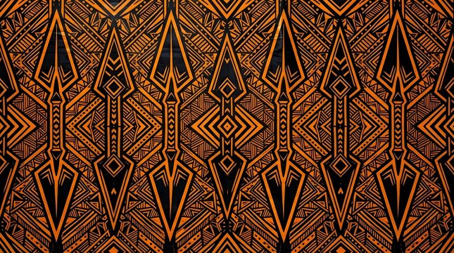 Black and orange tribal geometric seamless pattern with elongated diamonds, intricate linework and bold symmetrical ethnic motifs