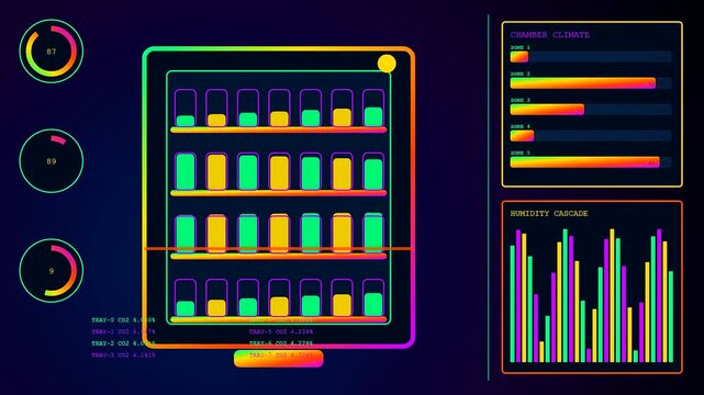 A digital virtual lab interface showcases illuminated storage containers and shifting climate charts for monitoring biological samples within a dark glowing neon colored software dashboard display