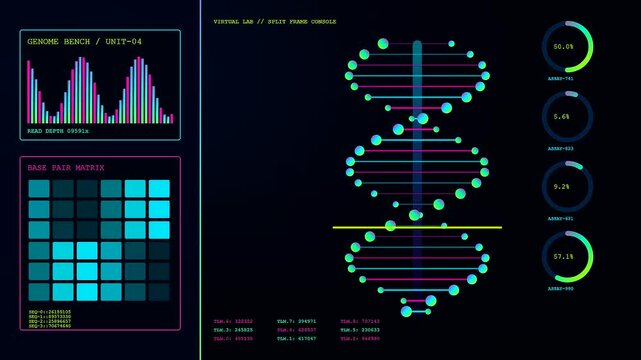 Digital displays in a virtual lab showing glowing dna helix structures with oscillating wave patterns and circle charts floating in dark environment with vibrant neon light