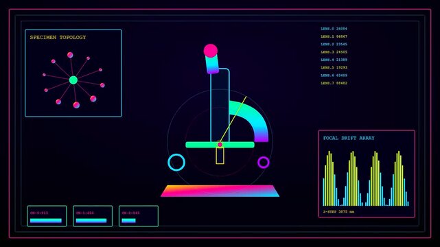 a virtual lab interface showing cyclical scientific data progression with neon circular diagrams and oscillating waveforms presented in a triple panel sequence for digital research observation