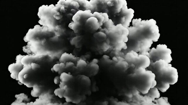 Massive white smoke explosion and puff plume isolated on black background, dynamic cgi vfx animation