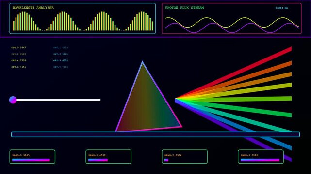 A digital virtual lab interface displays light refraction through a prism with spectral color separation data streams and fluctuating wave patterns within a modern analytical system display